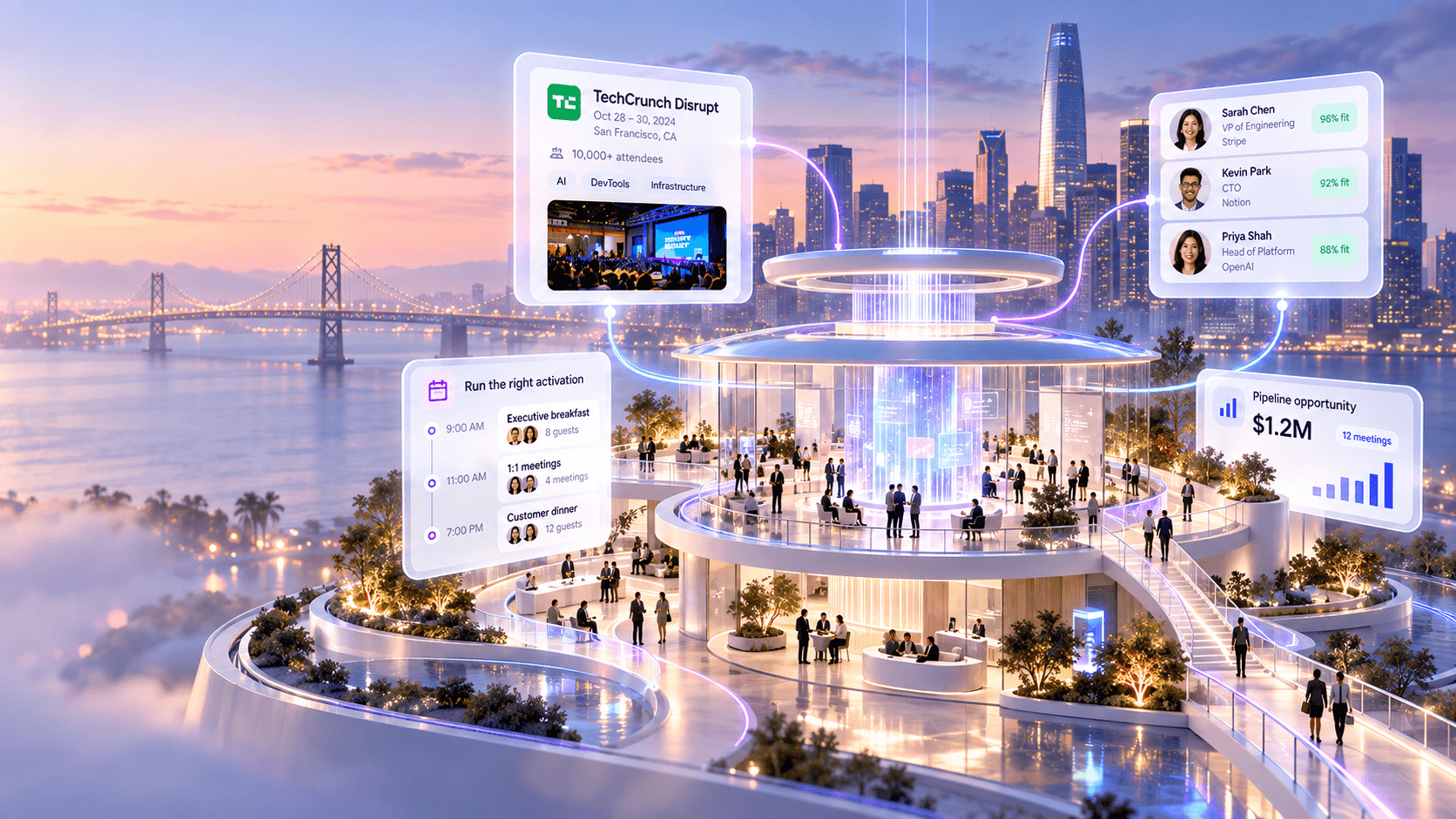 A waterfront gathering space with people meeting across its terraces, alongside event, attendee, activation, and pipeline views.