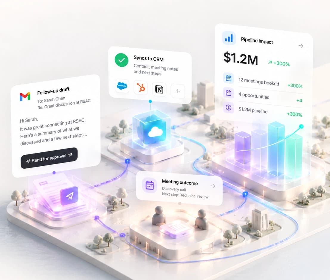 Illustrated follow-up workspace with a draft, CRM sync, meeting outcome, and pipeline impact card.