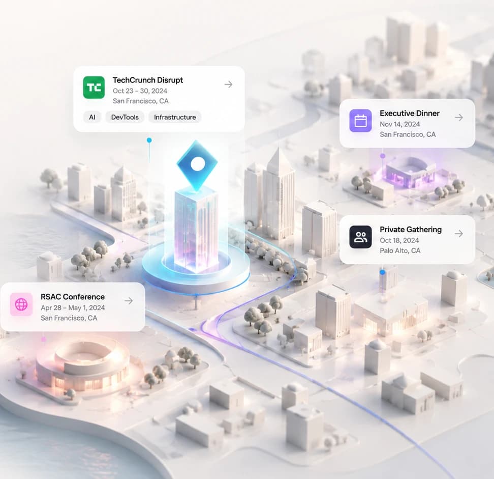 Illustrated city map with dated event cards for a conference, dinner, and private gathering.