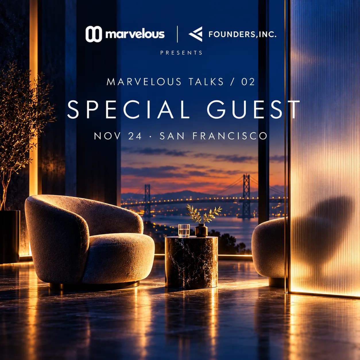 Marvelous Talks 02 special guest announcement artwork with a San Francisco skyline. Guest not yet announced.