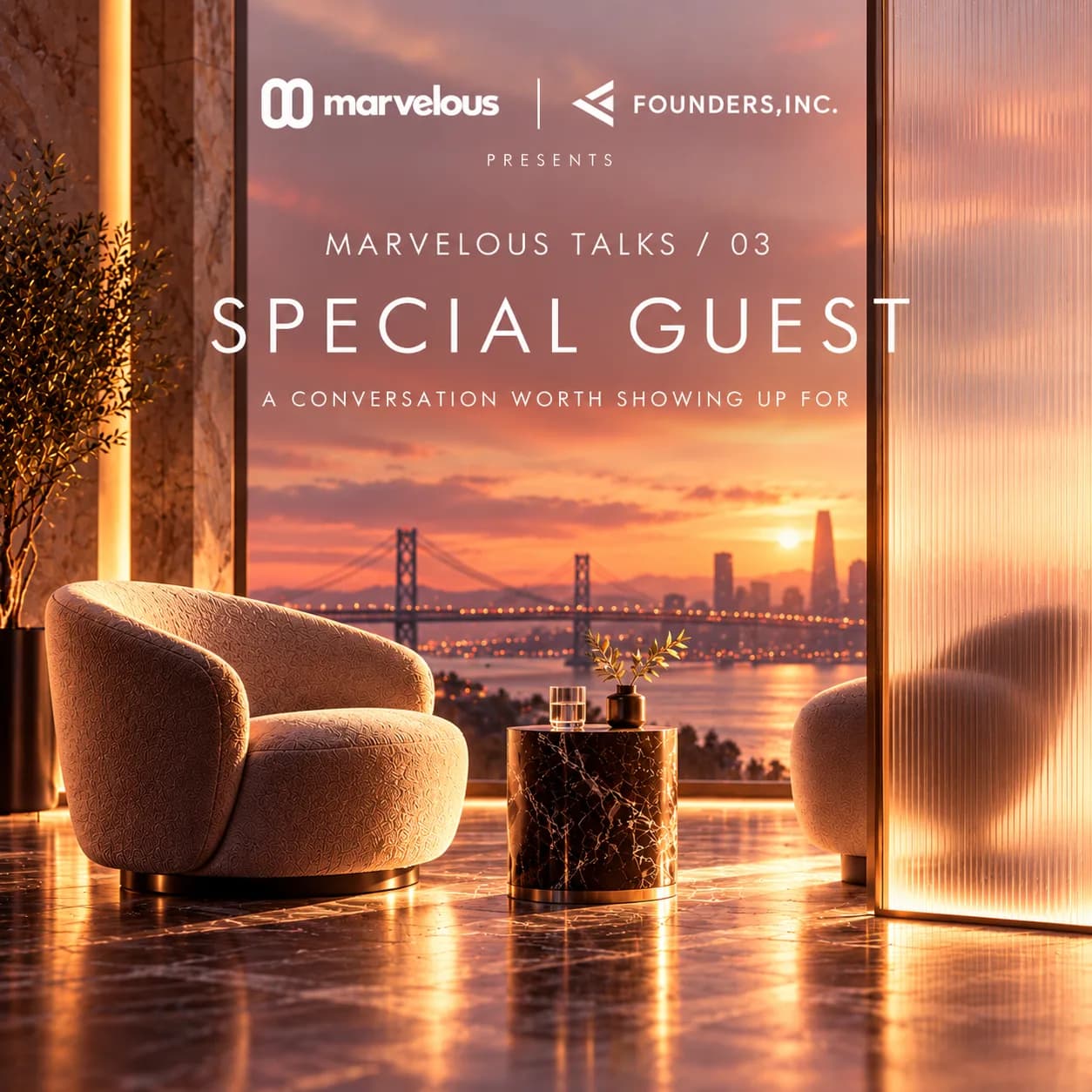 Marvelous Talks 03 special guest announcement artwork with a San Francisco skyline. Guest not yet announced.